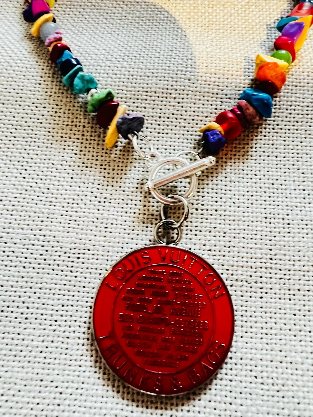 Unbranded Red Coin Pendant Multicolor Chip Bead Necklace 19 inch